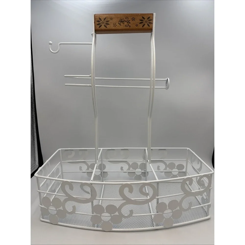 Wire Cooking Caddy White Wooden Handle (QVC?)  16.5
